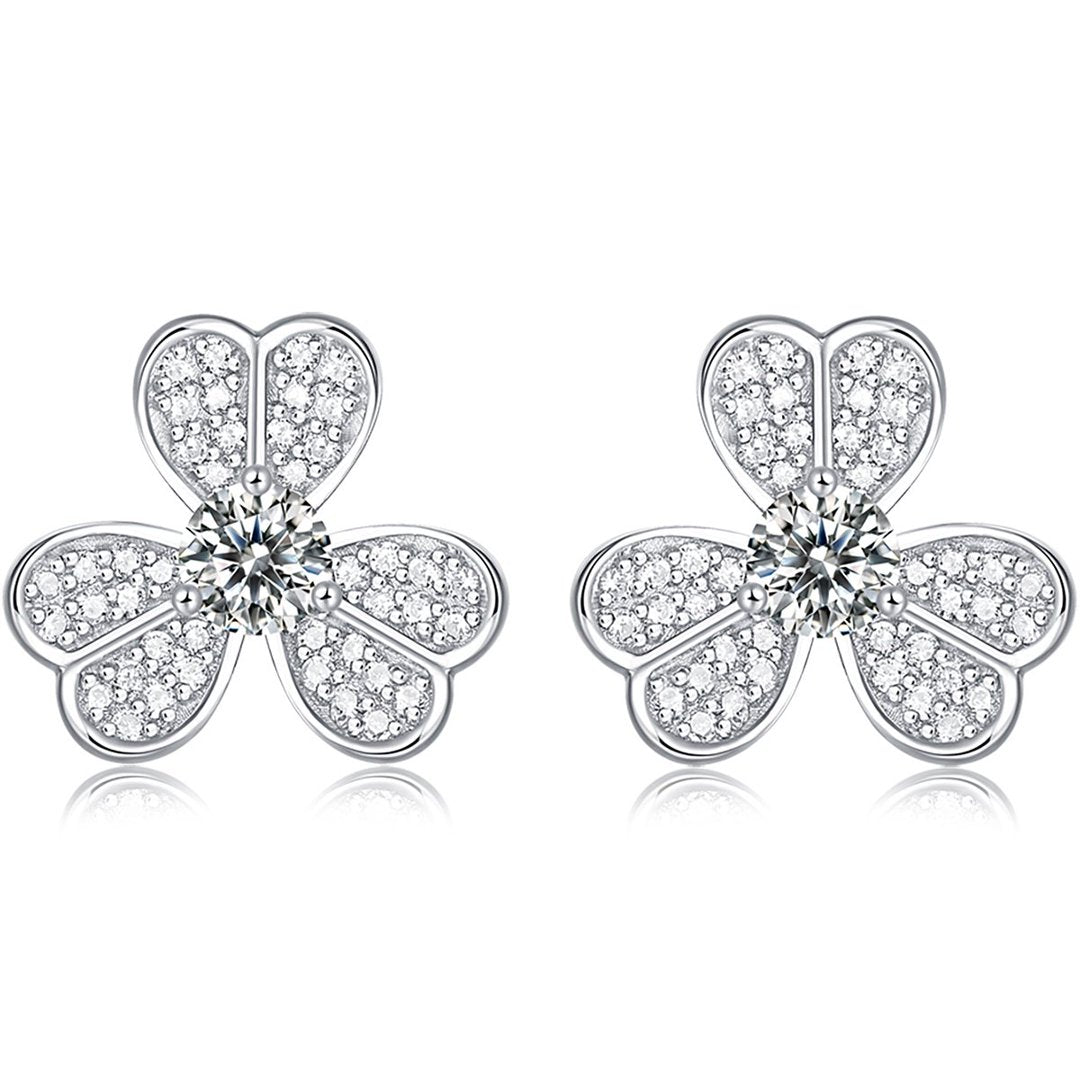 Round-Cut Moissanite Lucky Clover Floral Stud Earrings in 925 Sterling Silver
