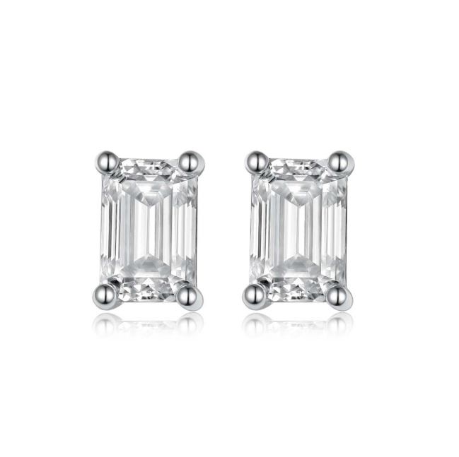 Emerald-Cut Moissanite Classic Four-Prong Stud Earrings in 925 Sterling Silver