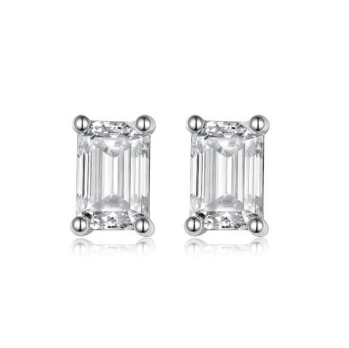 Emerald-Cut Moissanite Classic Four-Prong Stud Earrings in 925 Sterling Silver