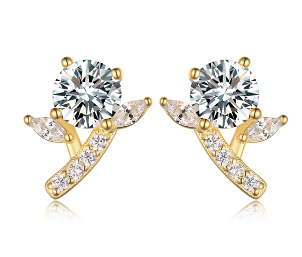 Round-Cut Moissanite Leaf Accent Stud Earrings in 925 Sterling Silver