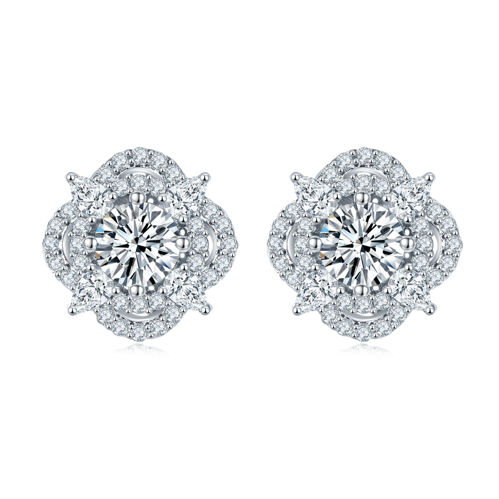 Round-Cut Moissanite Floral Halo Stud Earrings in 925 Sterling Silver