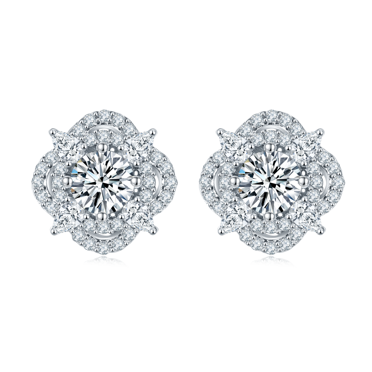 Round-Cut Moissanite Floral Halo Stud Earrings in 925 Sterling Silver