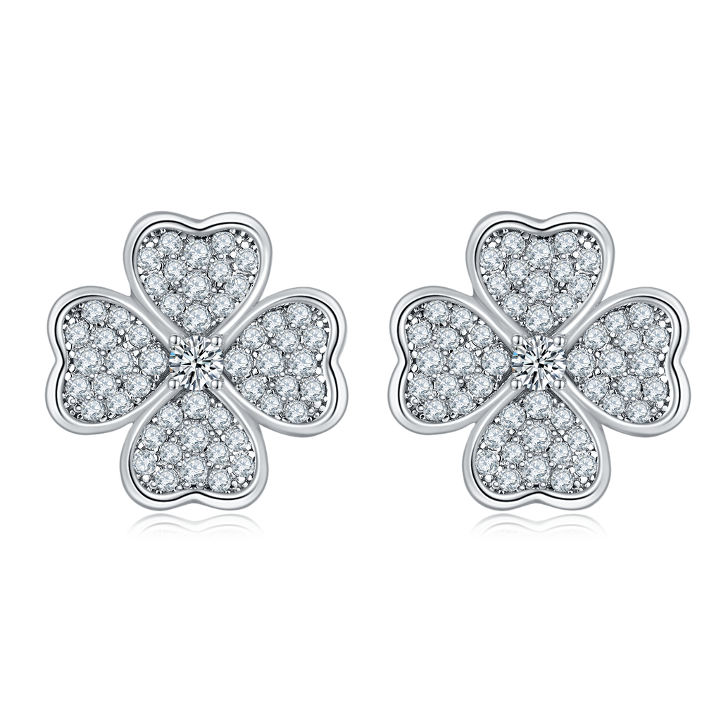 Round-Cut Moissanite Four-Leaf Clover Floral Stud Earrings in 925 Sterling Silver
