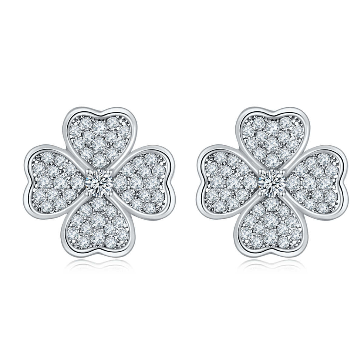 Round-Cut Moissanite Four-Leaf Clover Floral Stud Earrings in 925 Sterling Silver