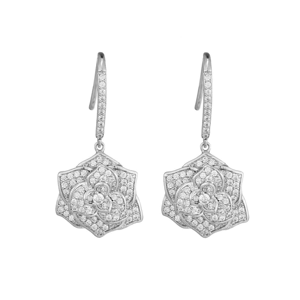 Round-Cut Moissanite Camellia Floral Drop Earrings in 925 Sterling Silver