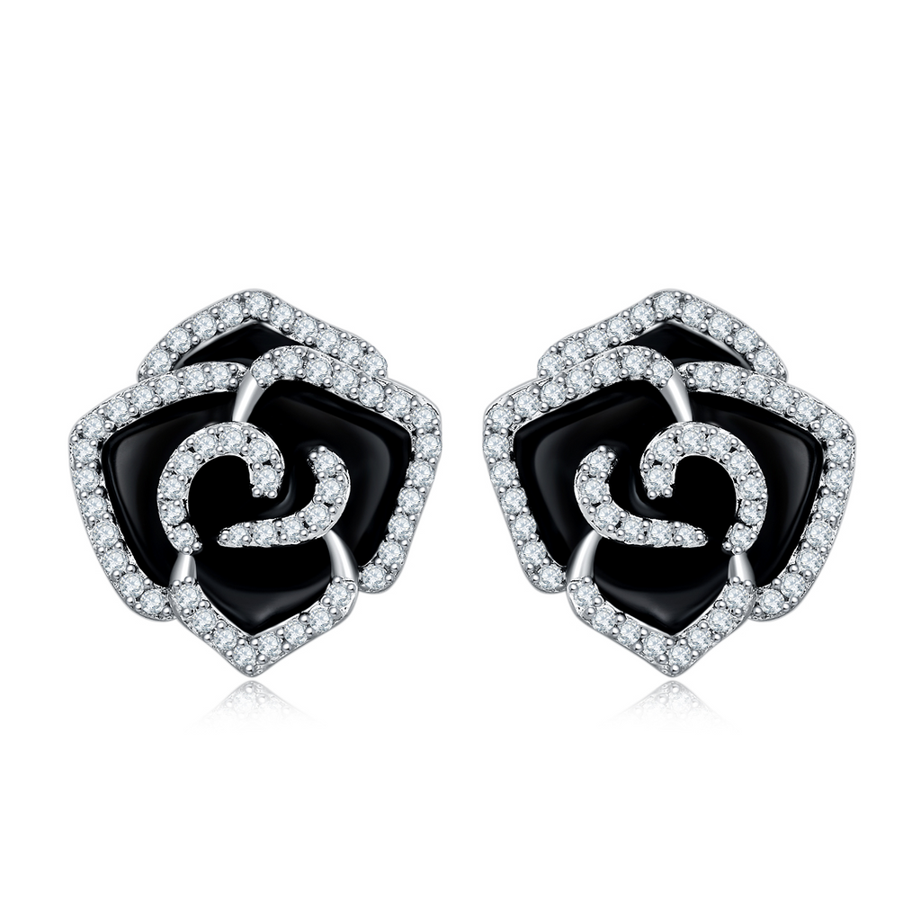 Round Moissanite Black Enamel Rose Stud Earrings in 925 Sterling Silver