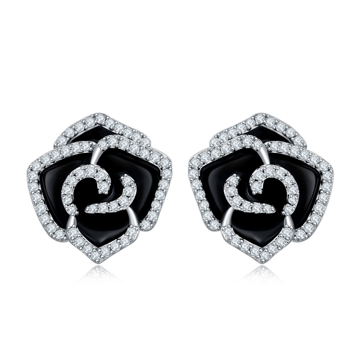 Round Moissanite Black Enamel Rose Stud Earrings in 925 Sterling Silver
