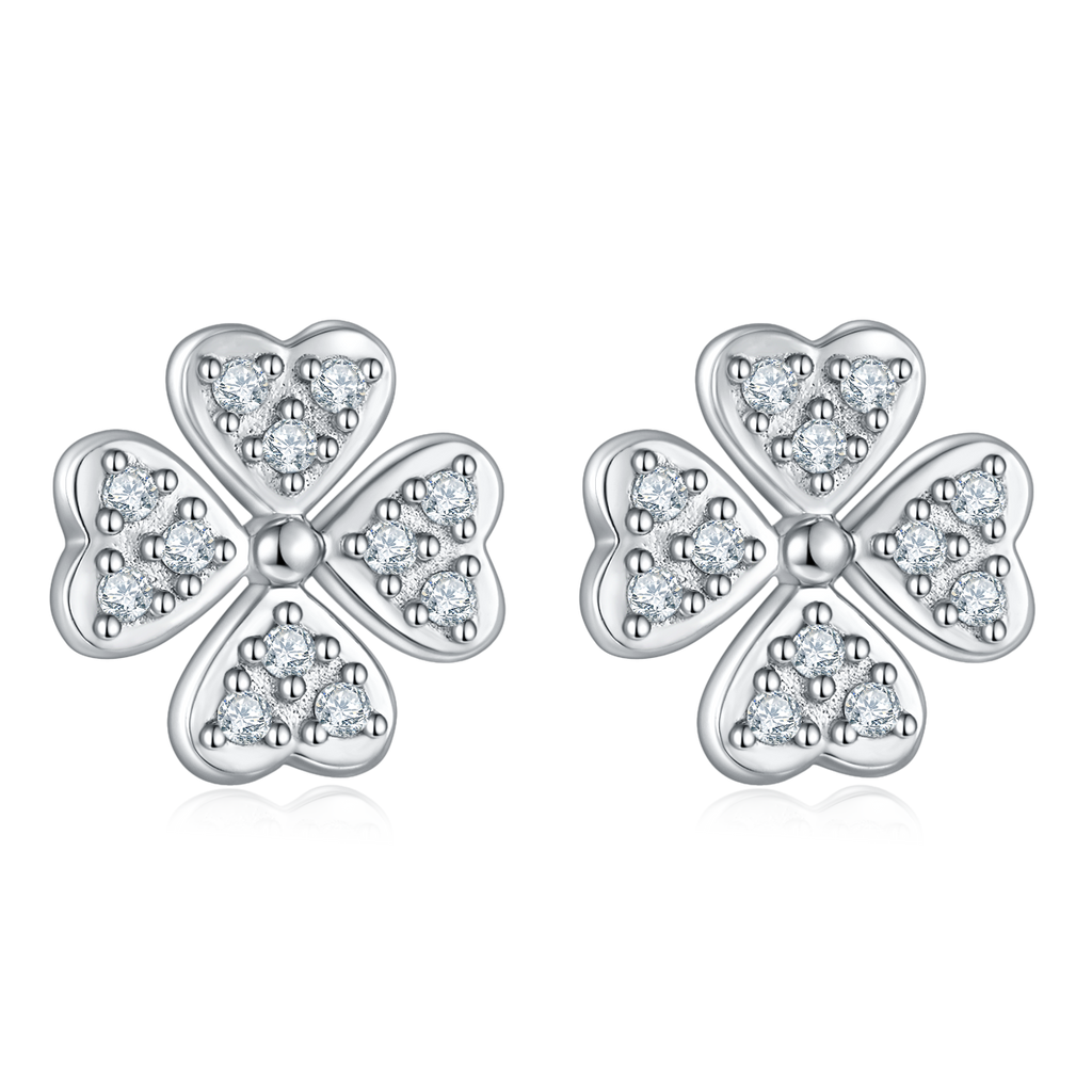 Moissanite Four-Leaf Clover Floral Stud Earrings in 925 Sterling Silver