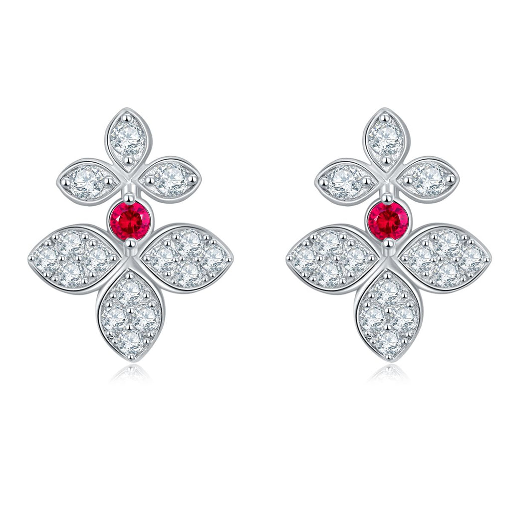 Round Ruby and Marquise Floral Moissanite Stud Earrings in 925 Sterling Silver