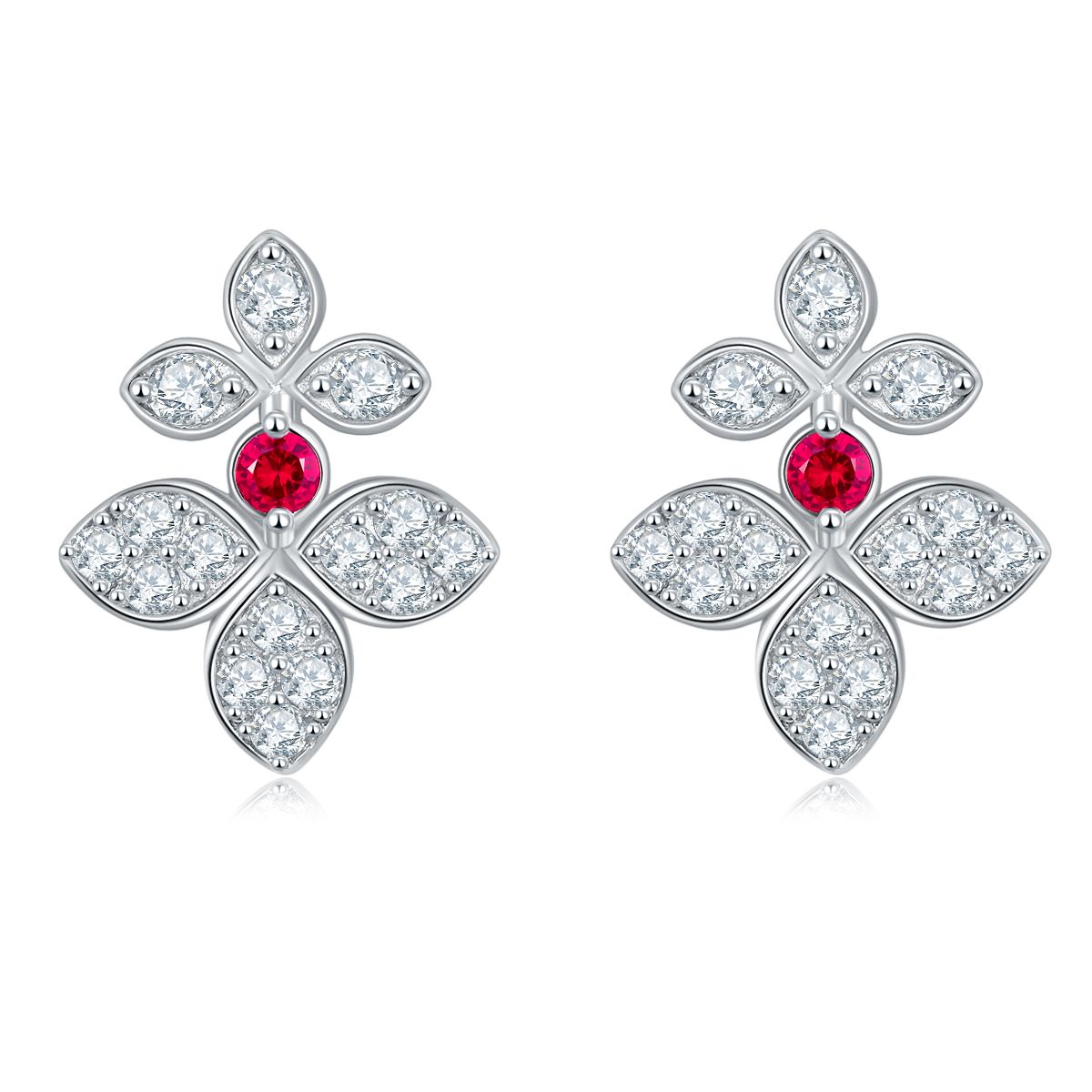 Round Ruby and Marquise Floral Moissanite Stud Earrings in 925 Sterling Silver