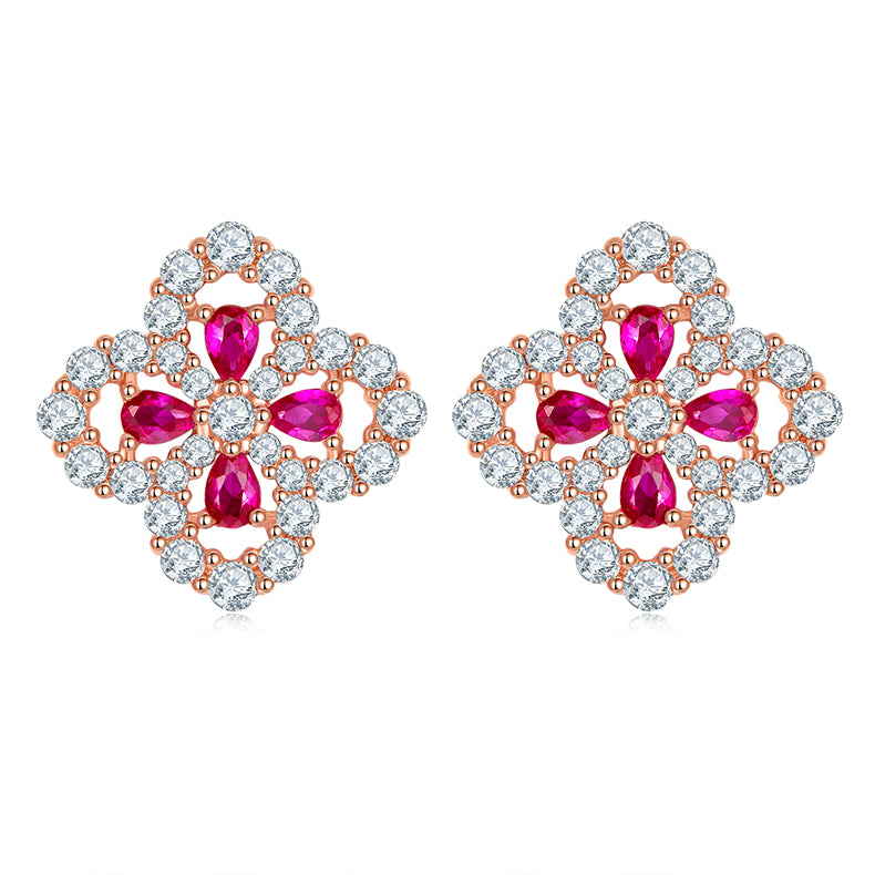 Lab Ruby Pear- and Marquise-Cut Floral Cluster Stud Earrings
